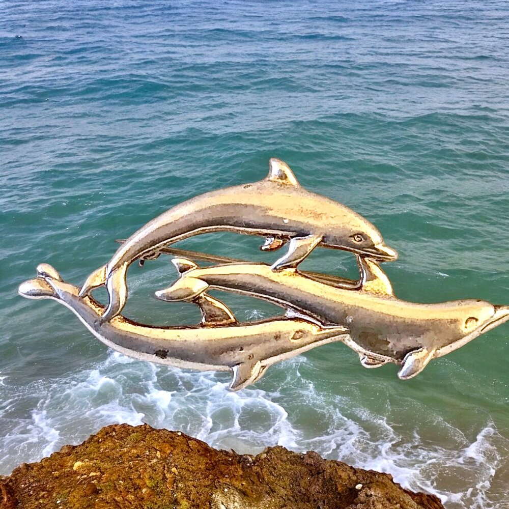 Sterling Silver 925 Dolphin Pin Brooch 3 Playful Dolphins Signed